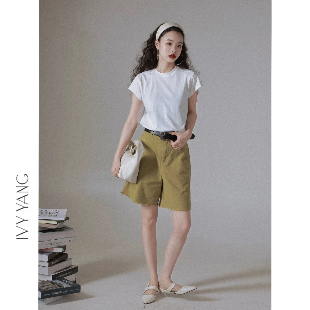 IVY YANG洗水棉毛边纯色五分短裤