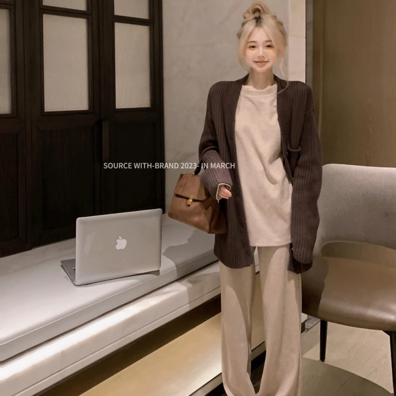 巧克力美拉德慵懒风挂毛衣外套打底上衣休闲阔腿裤三件套懒人套装