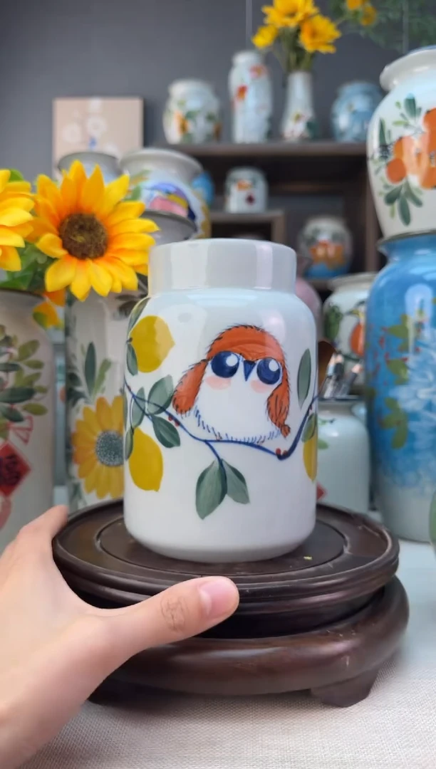 瓶景德镇手绘花器底部无孔内部无釉陶泥材质高温瓷釉下彩