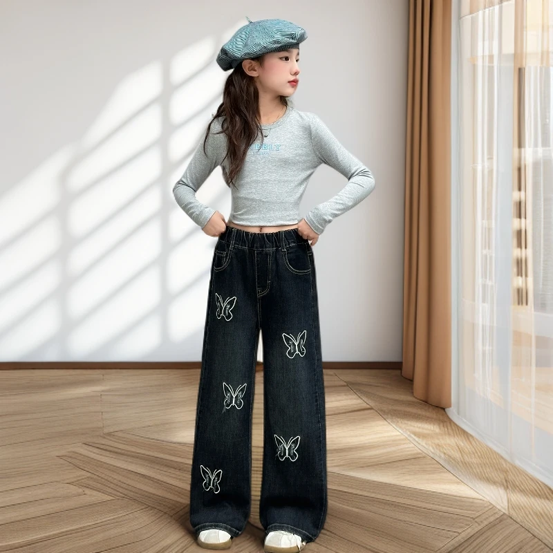 女童牛仔裤春秋款洋气2025新款休闲秋季直筒裤女孩中大童阔腿裤