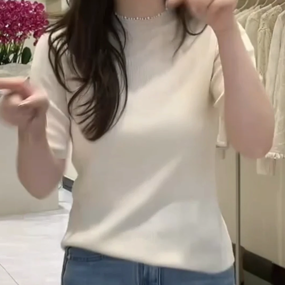 春季简约修身珍珠领口针织短袖百搭上衣纯色ins时尚打底衫