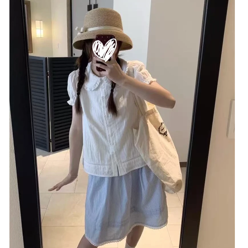 2025夏季新款少女感翻领纯白镂空短袖上衣蓝条纹短裙 套装9629