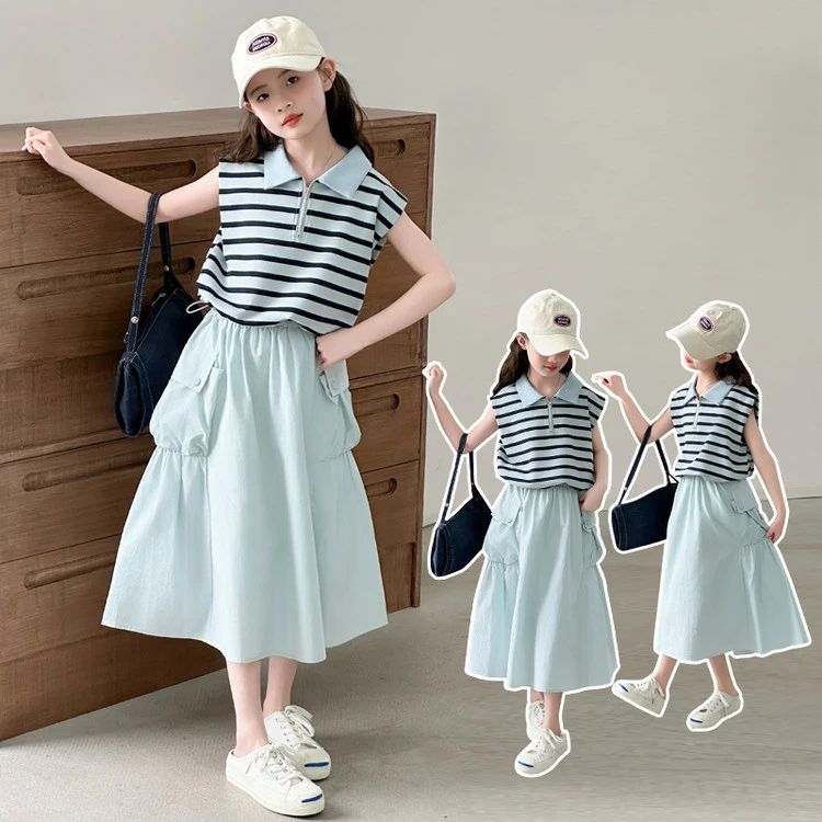 女童套装套裙夏装超仙条纹无袖半拉链上衣女大童口袋半身裙两件套