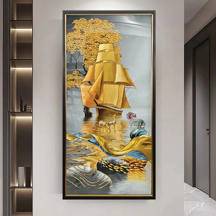 X199轻奢装饰画入户玄关挂画财鹿金山装饰画新中式走廊过道实物画