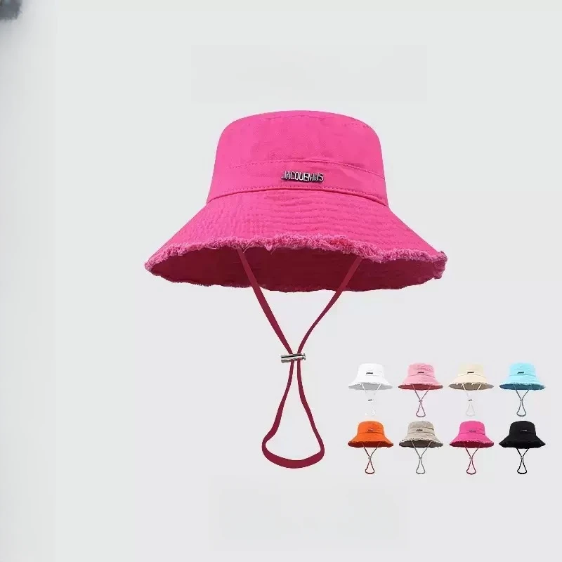 韩版ins毛边字母大檐渔夫帽子女夏季遮阳系绳户外红色登山防晒帽