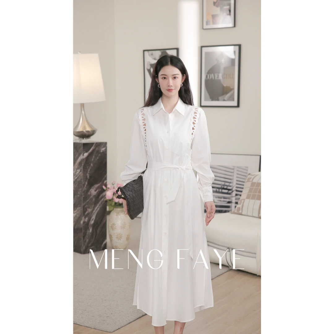 【MENG FAYE】"海盐白沙"新款高级设计感镂空开叉连衣裙-SE0016L
