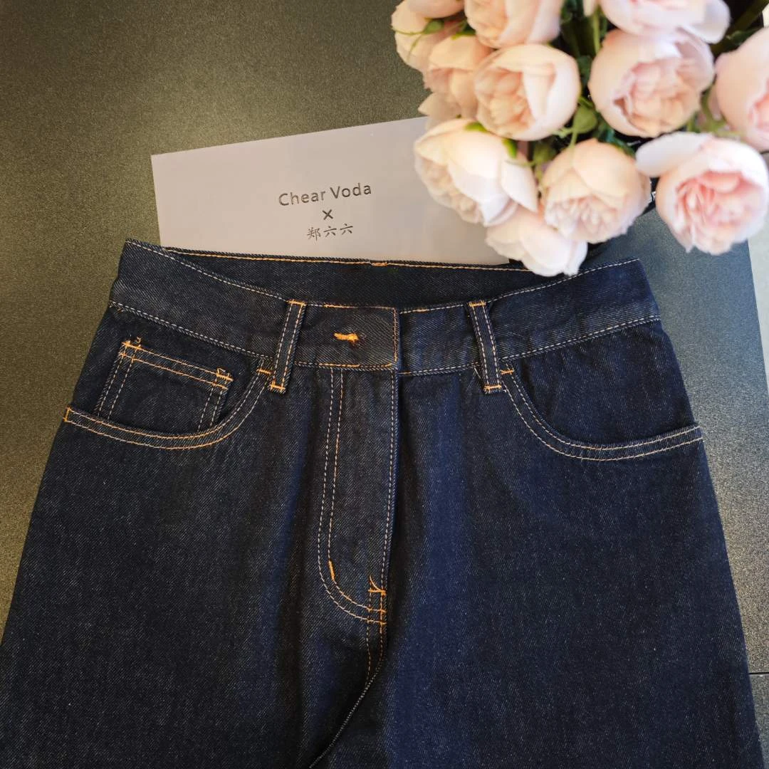 时尚休闲风高腰牛仔裤蓝色直筒裤412106