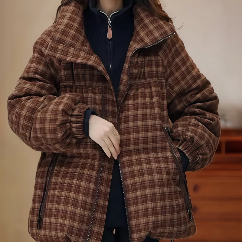 素订女装原创品牌旗舰店高级感立领减龄加厚英纶格纹短款羽绒服冬