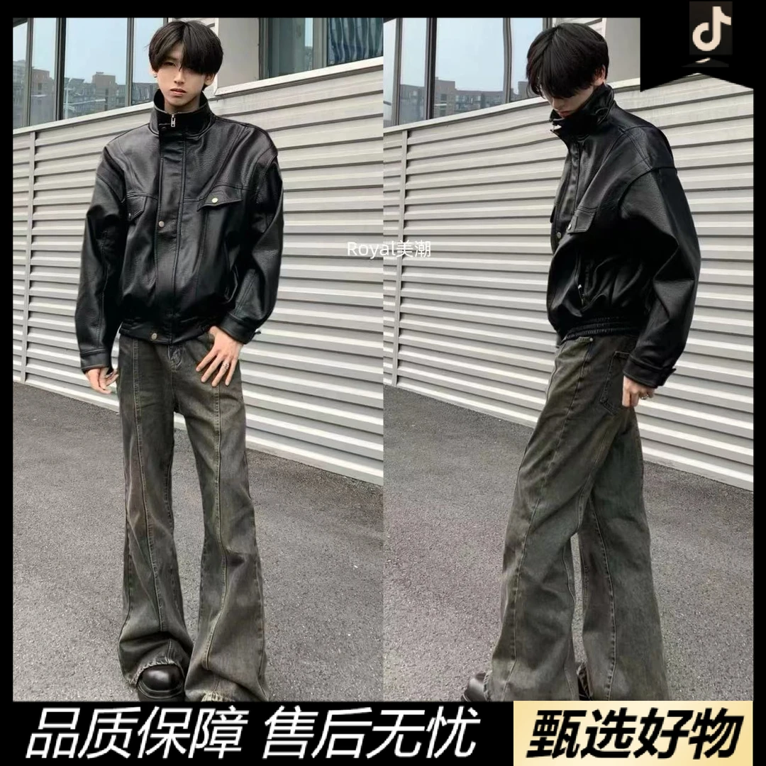 新款男女美式复古PU皮机车夹克宽松休闲时尚简约Cleanfit黑色外套