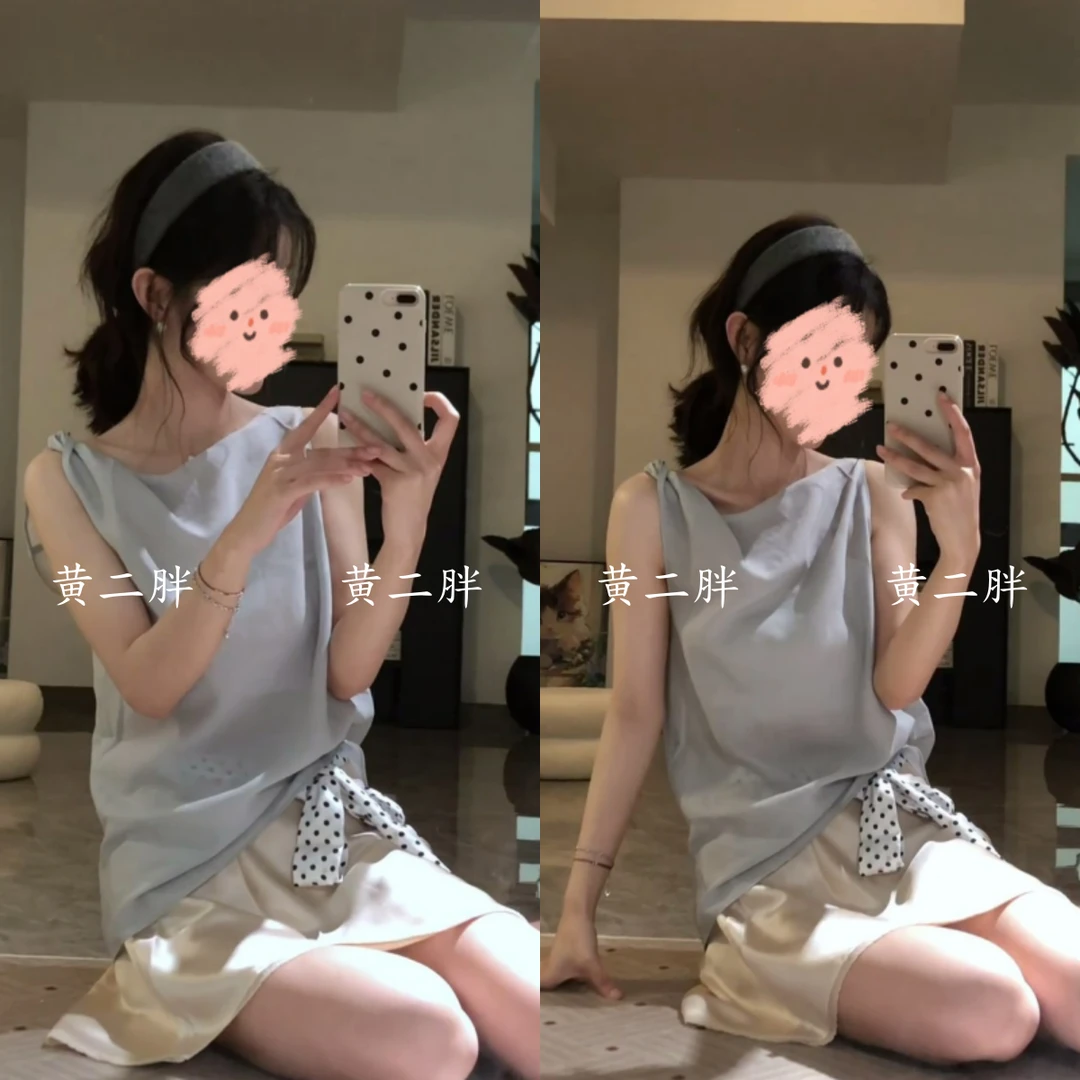 蓝色扭结吊带无袖背心上衣女+高腰遮胯显瘦a字短裙套装2025夏新款