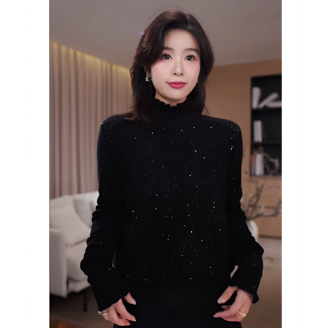 广州琴姐【银河系】绵羊毛山羊绒亮片木耳边长袖打底针织衫女冬9739