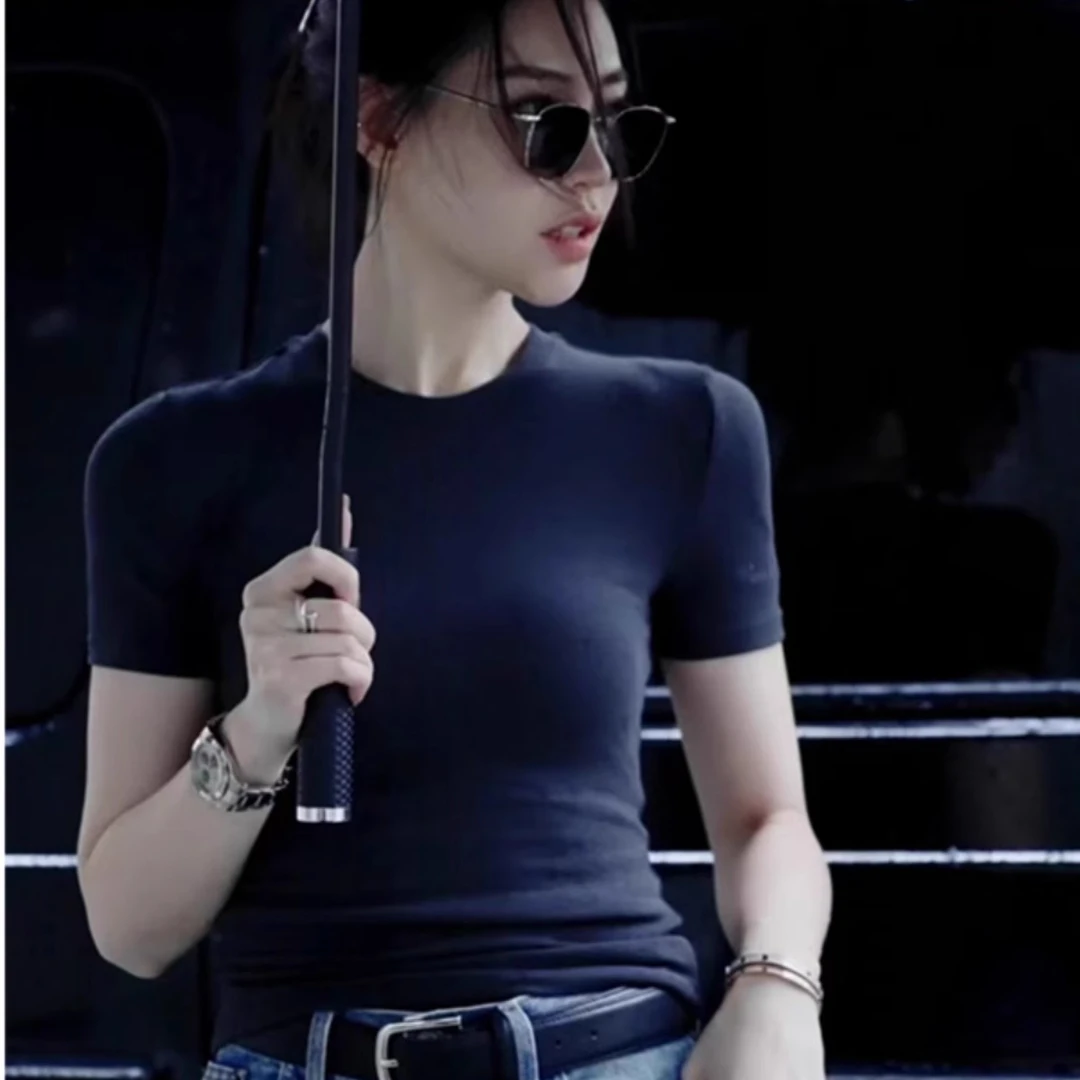 基础款美式复古正肩短袖t恤女夏季2025新款紧身收腰辣妹短款上衣