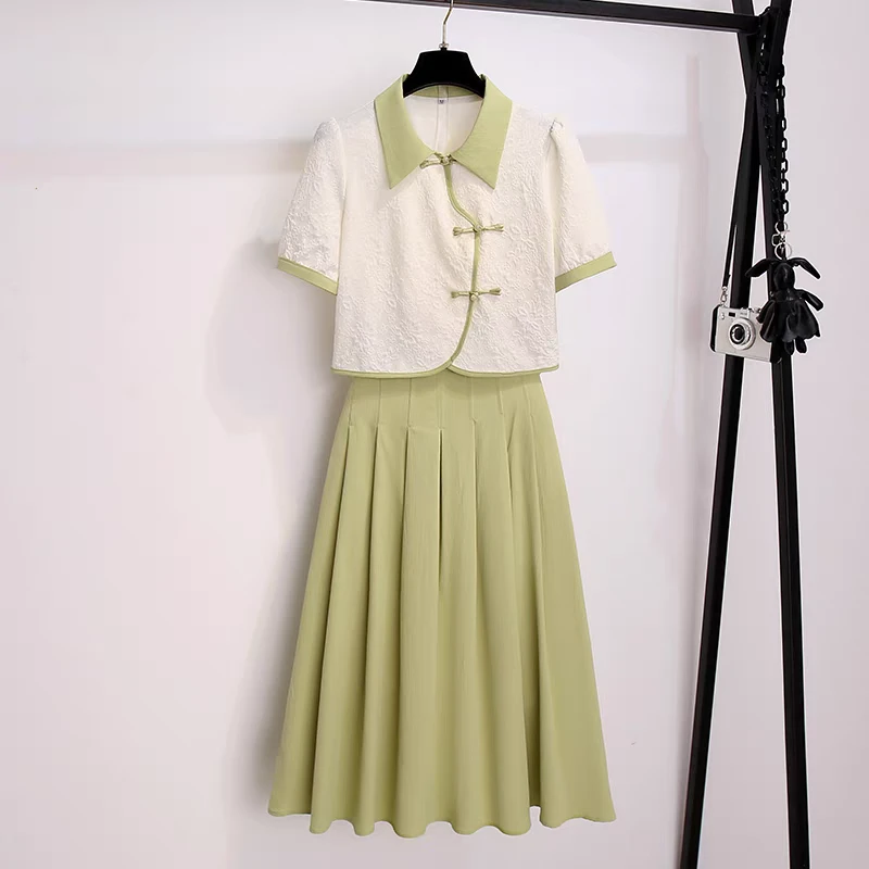 新中式国风盘扣短袖衬衣配半身裙小个子两件套装