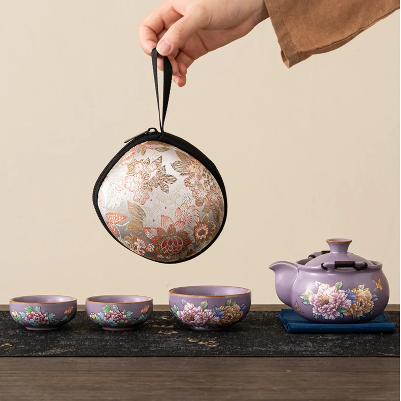 紫韵变色牡丹一壶三杯旅行茶具套装蝶恋花车载便携快客杯泡茶壶