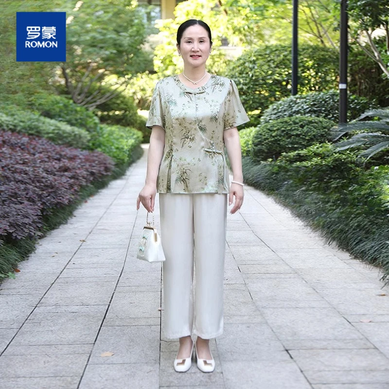 罗蒙时尚2025新中式妈妈套装中老年雪纺T恤上衣贵夫人女两件套
