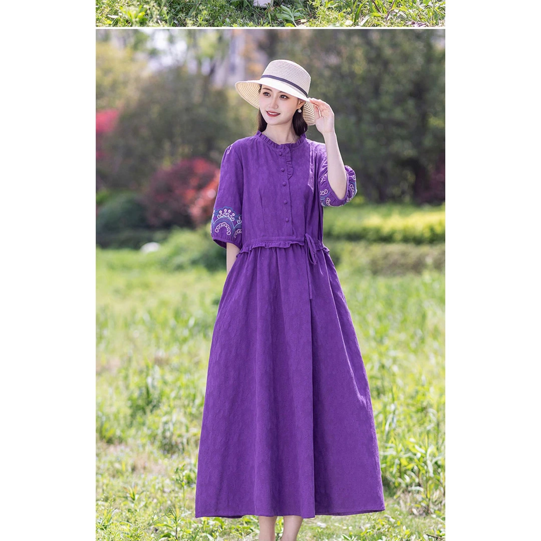 刺绣棉麻连衣裙女2025夏季新款民族风长裙高端提花宽松显瘦A字裙