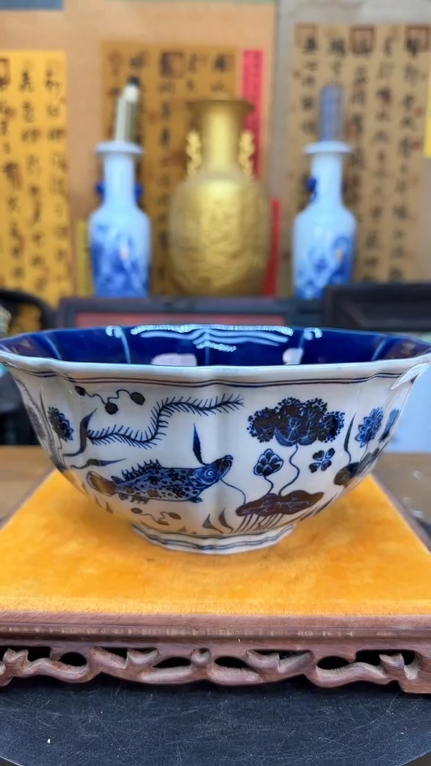 【闪购商品】瓶景德镇陶瓷客厅摆件祭蓝鱼藻碗