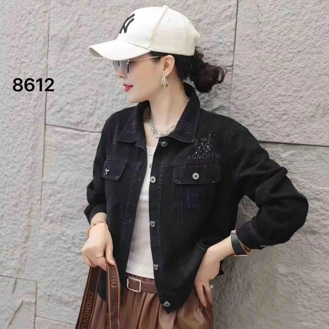 小鑫肝@现货浮力重工翻领磨破图案亮片百搭牛仔短外套 8612