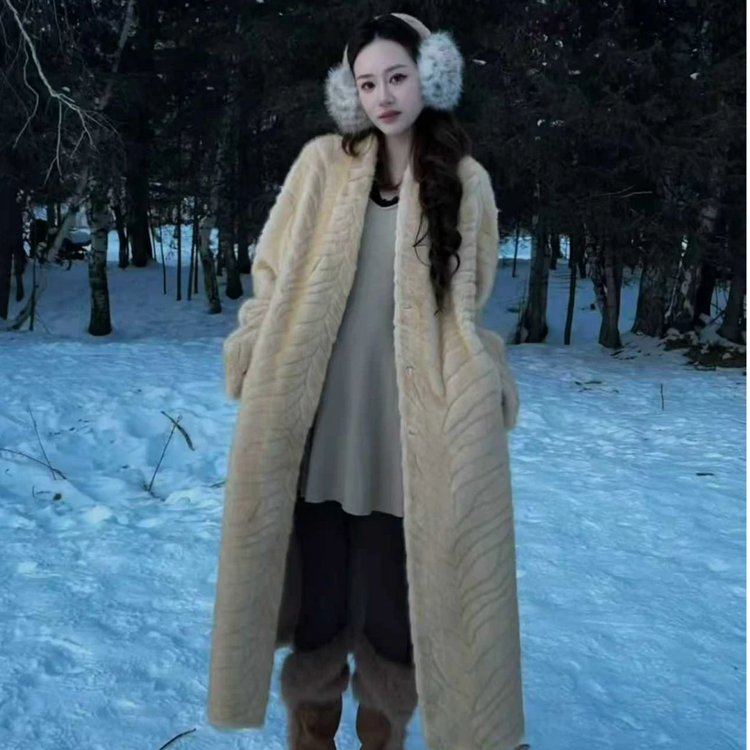 【双双专属】长袖女长款翻领V领人造皮草上衣时尚棉衣-69209