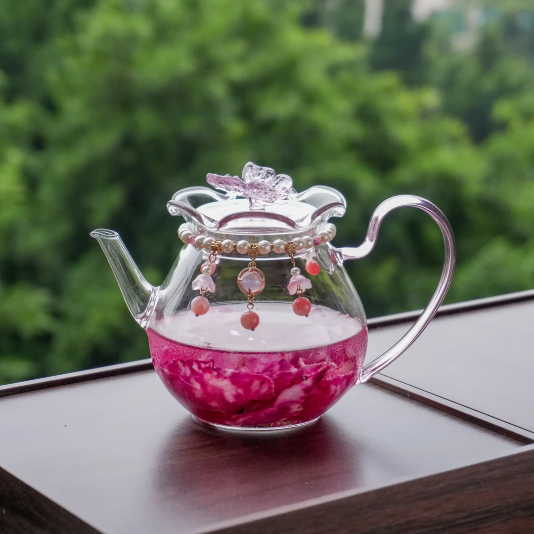 蝴蝶花口壶500ml高硼硅材质耐高温加厚玻璃茶具泡茶煮茶壶