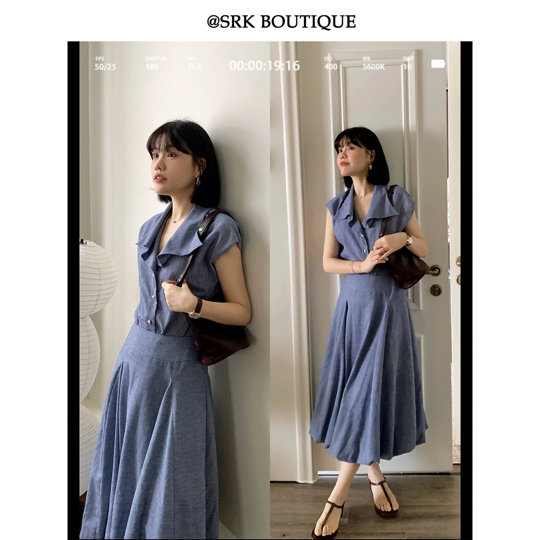 法式高级格纹套装修身V领小飞袖上衣花苞显瘦时尚半身裙S2XL0964