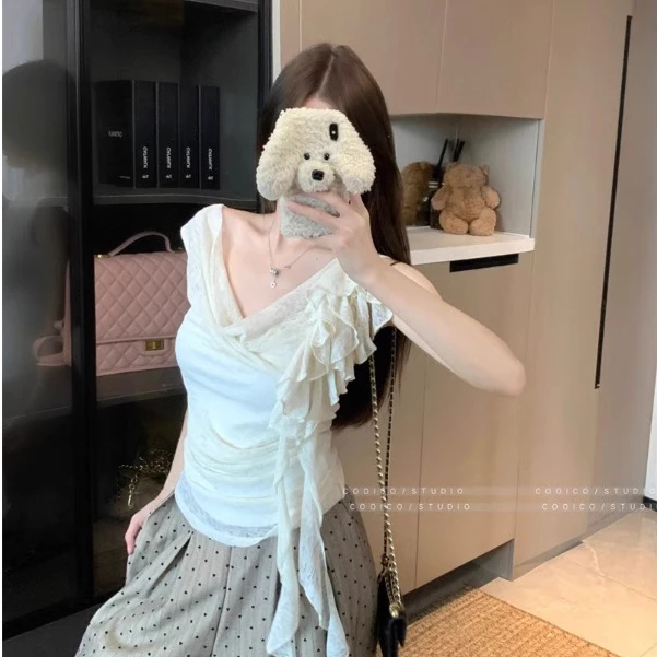 法式显瘦气质荡领飘带花朵短袖t恤女收腰褶皱背心斜肩一字肩上衣