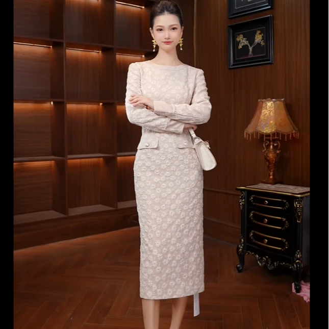 新款时尚显瘦气质礼服优雅修身复古提花女装连衣裙61292
