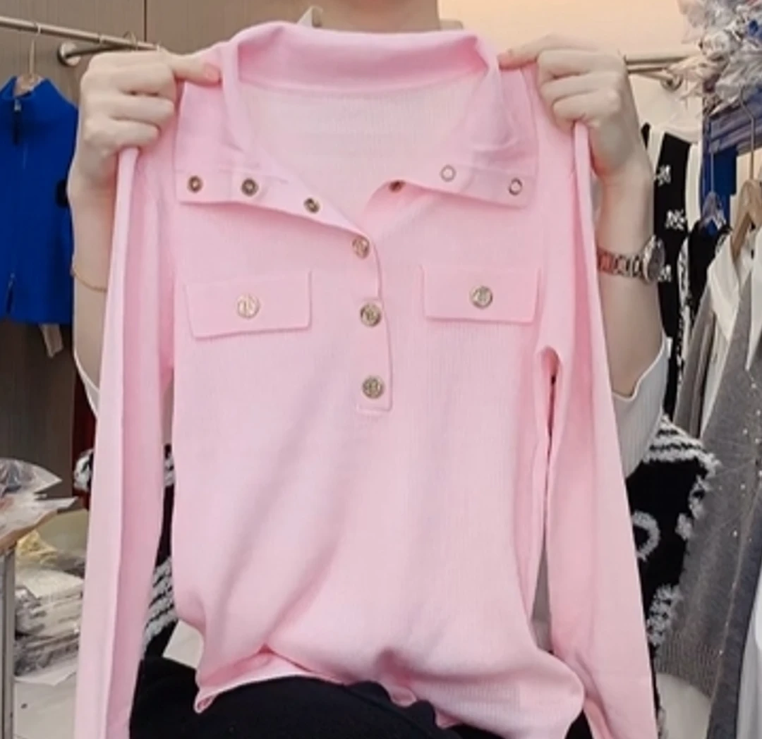 《妞妞》春季新款纯色翻领金币扣针织开衫0122221-粉色