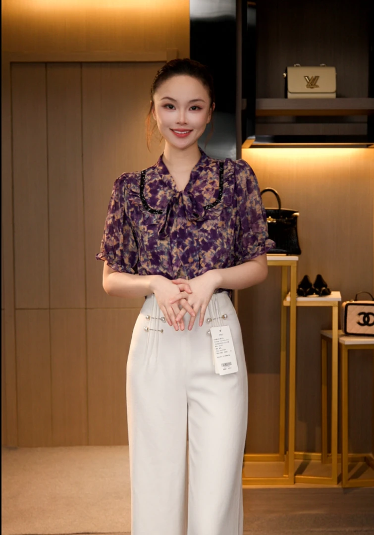 L4X1927 法式复古显瘦气质琉璃双绉丝T恤上衣