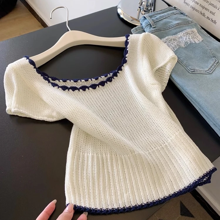 白色大u领口针织短袖t恤女夏小个子短款修身正肩直筒上衣2025新款
