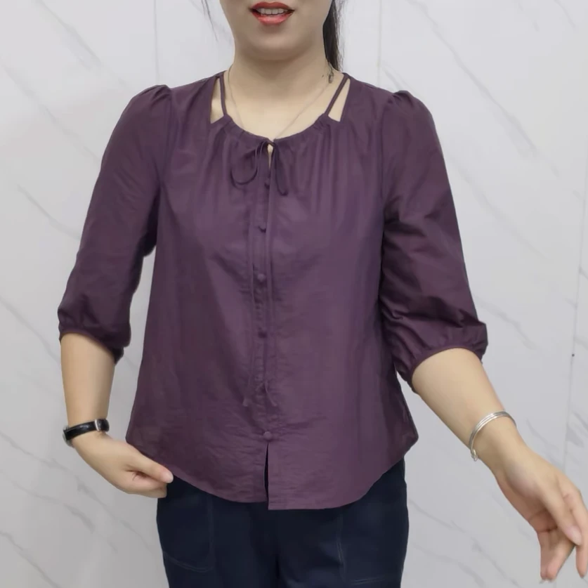 夏季新款时尚纯色简约大码宽松上衣气质高级洋气圆领七分袖小衫
