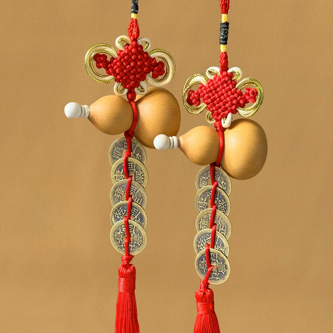 天然葫芦五帝钱挂件黄铜吉祥结铜钱串大门客厅卧室汽车挂饰