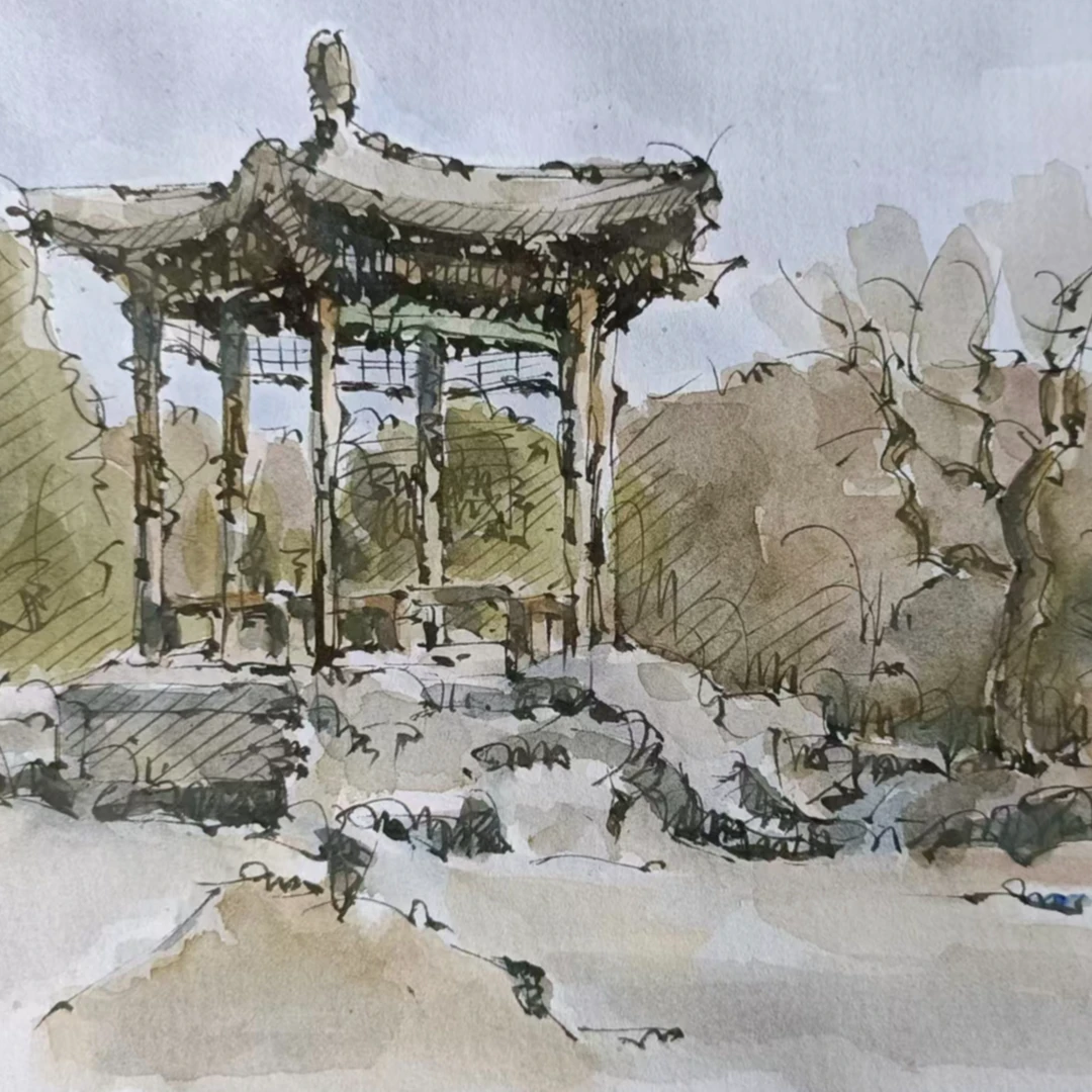 凉亭原创手绘水彩画