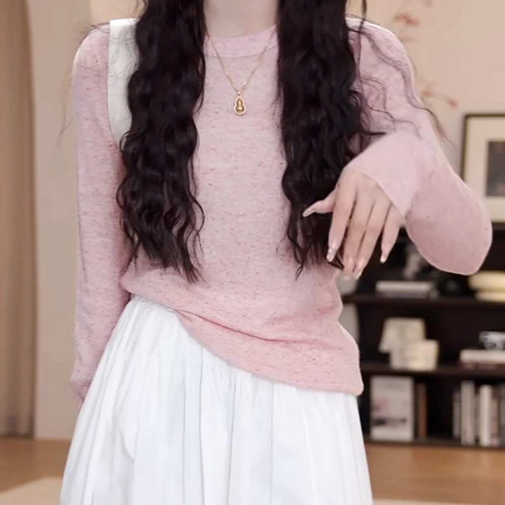 2025春夏新款百搭彩点花纱针织长袖上衣女