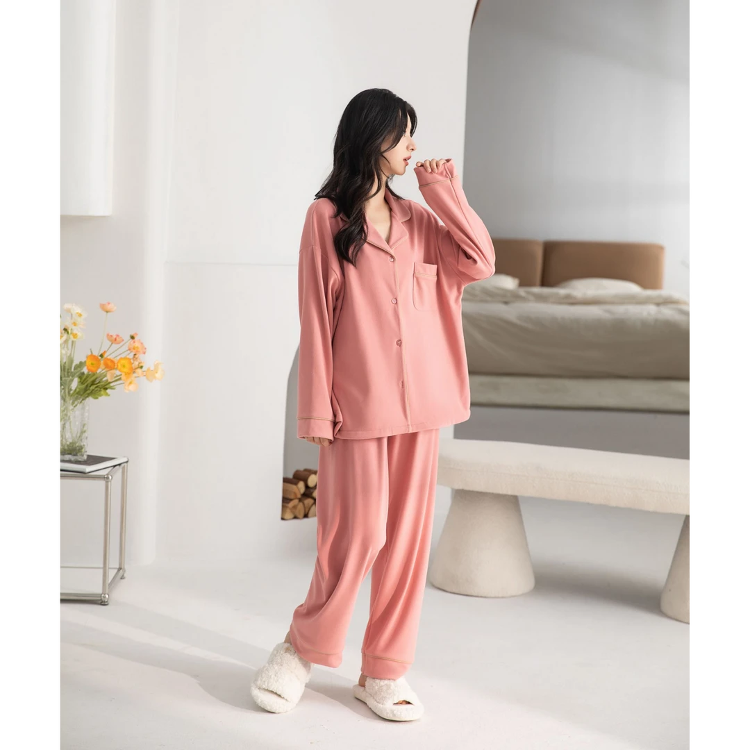 睡衣女秋冬德绒保暖女款薄绒秋季开衫甜美可爱纯色家居服春秋套装