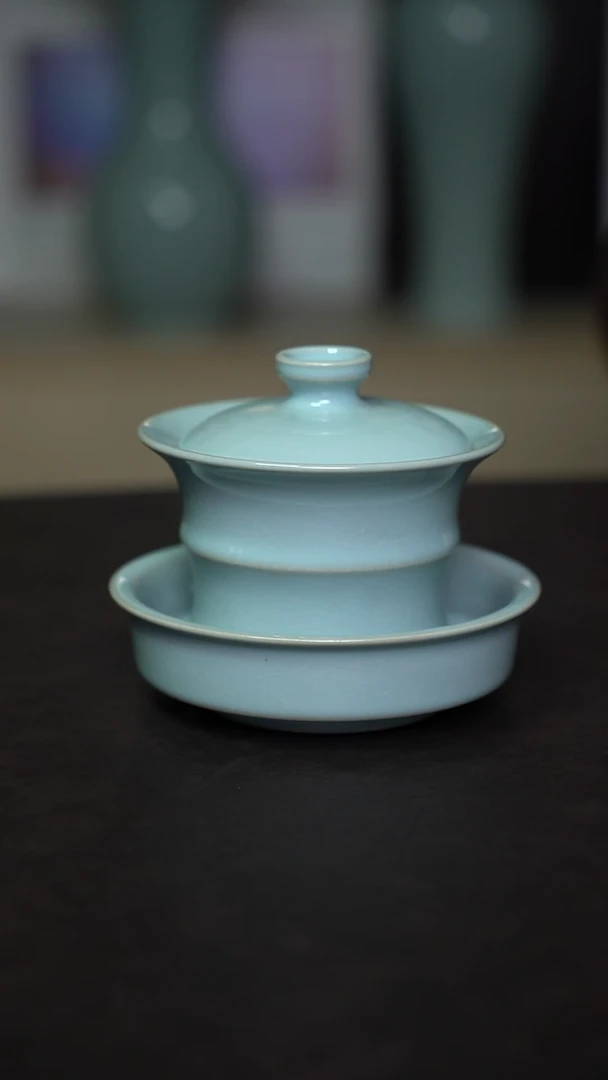 杯子瓷天青竹节盖碗