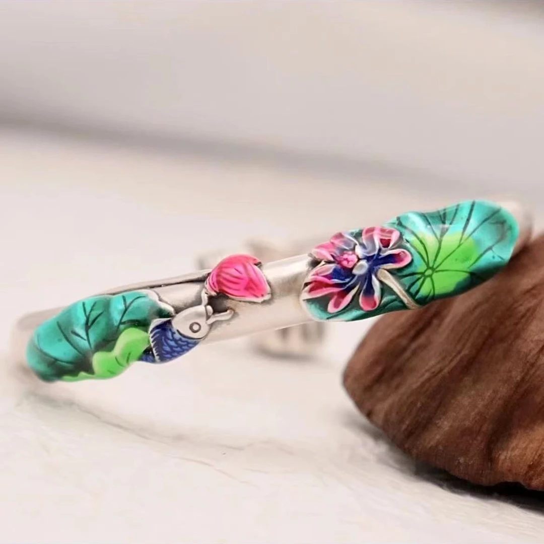 足银手镯 足银手镯 足银荷塘月色烧蓝两世欢银手镯 Y127