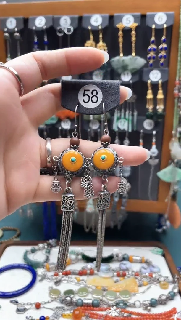 银S925镶嵌蜜蜡耳饰饰品