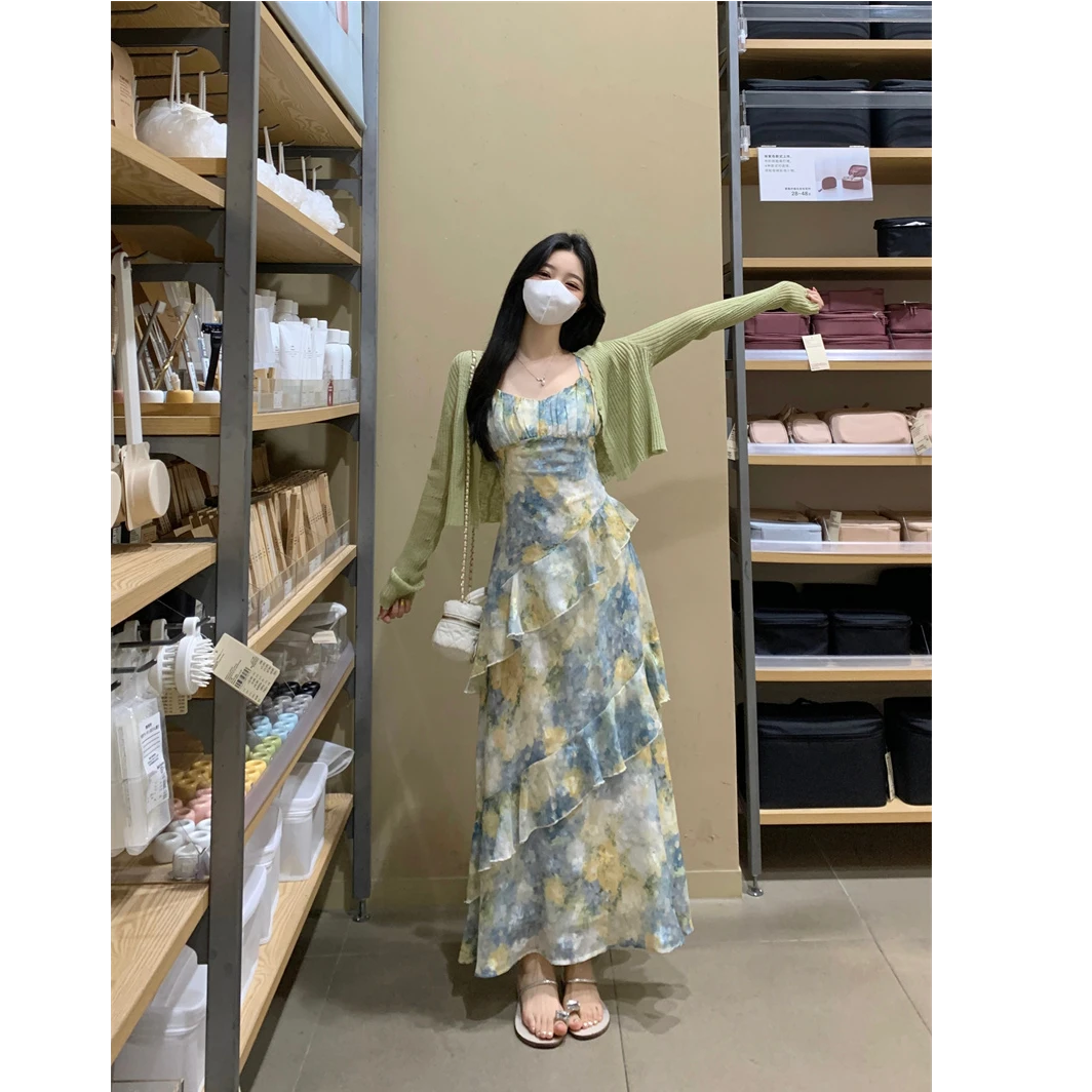 大码女装春夏春游服装绿色出游荷叶边吊带裙收腰显瘦a字连衣裙