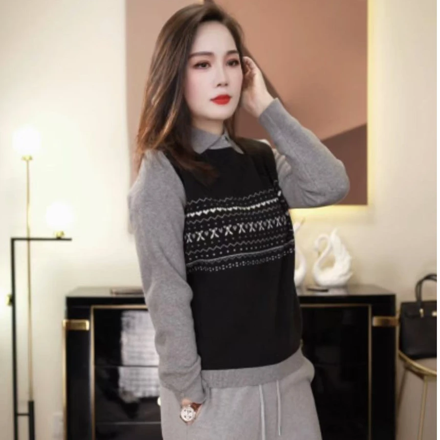 【老板娘专属】糯米绒翻领假两件设计感秋冬百搭长袖显瘦女士上衣