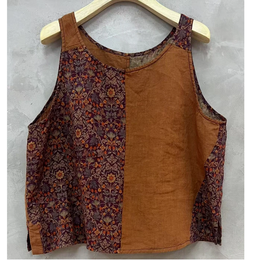 西子分享 3666 古蘭木 亚麻 怀旧 复古 花色拼接【背心】