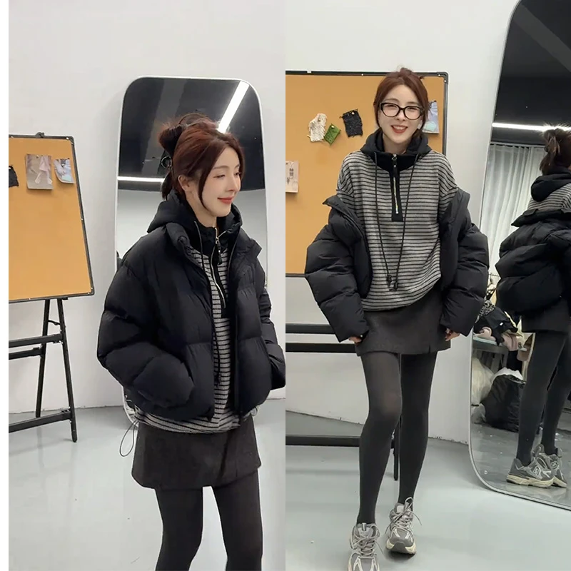 秋冬显瘦条纹加绒卫衣立领棉服搭配设计感开叉呢子裙子时尚三件套