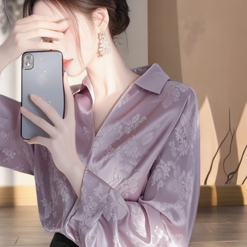 蔻菲图春秋新款韩版气质衬衣紫色宽松长袖洋气时尚女衬衫