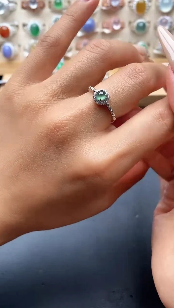 银S925镶嵌戒指翡翠缅甸天然A货翡翠1 4-10