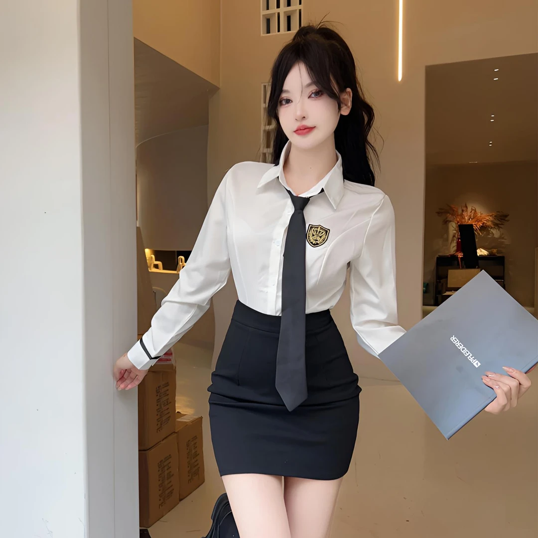 气质职业装长袖收腰白色衬衫秋季纯欲显瘦辣妹衬衣性感包臀裙制服