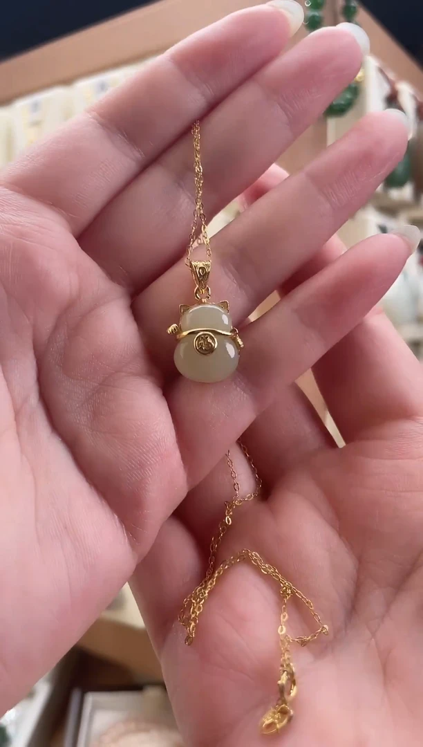 【闪购商品】和田玉颈饰银S925镶嵌银镶和田玉招财猫挂件（配银链）