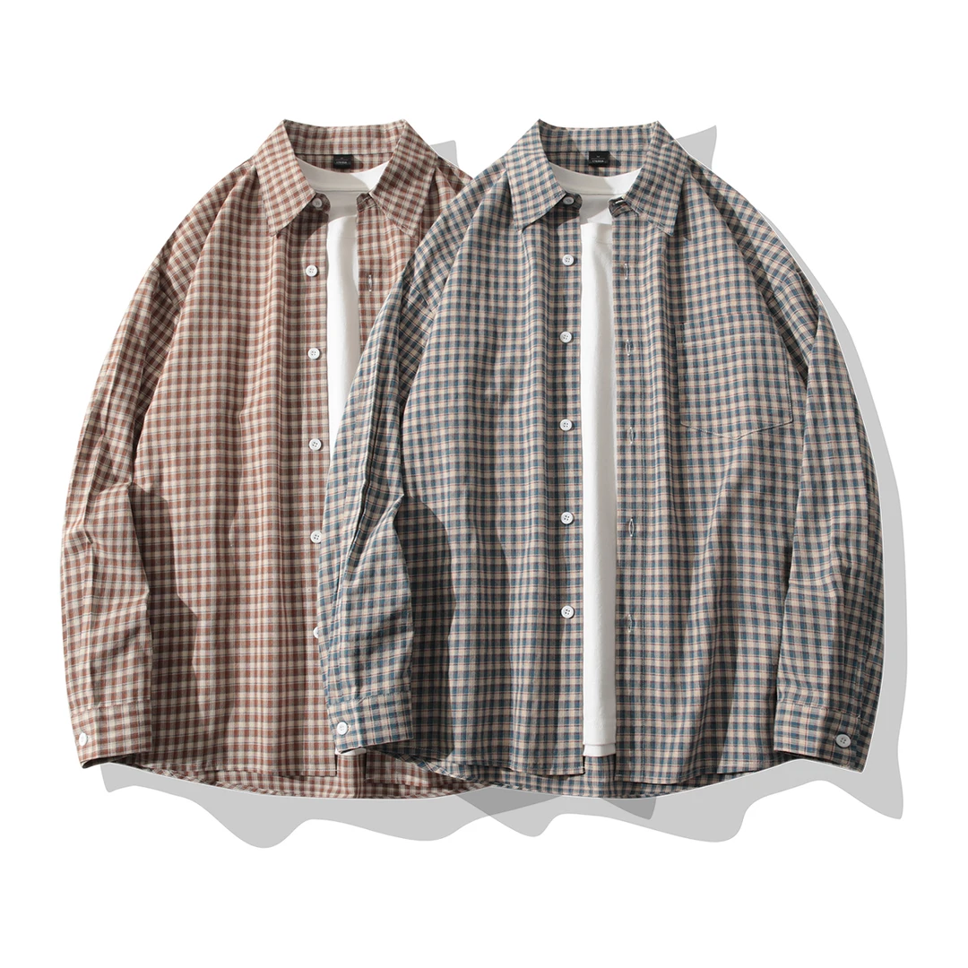 日系复古宽松情侣长袖格子衬衫港风春秋百搭休闲格纹衬衣男外套