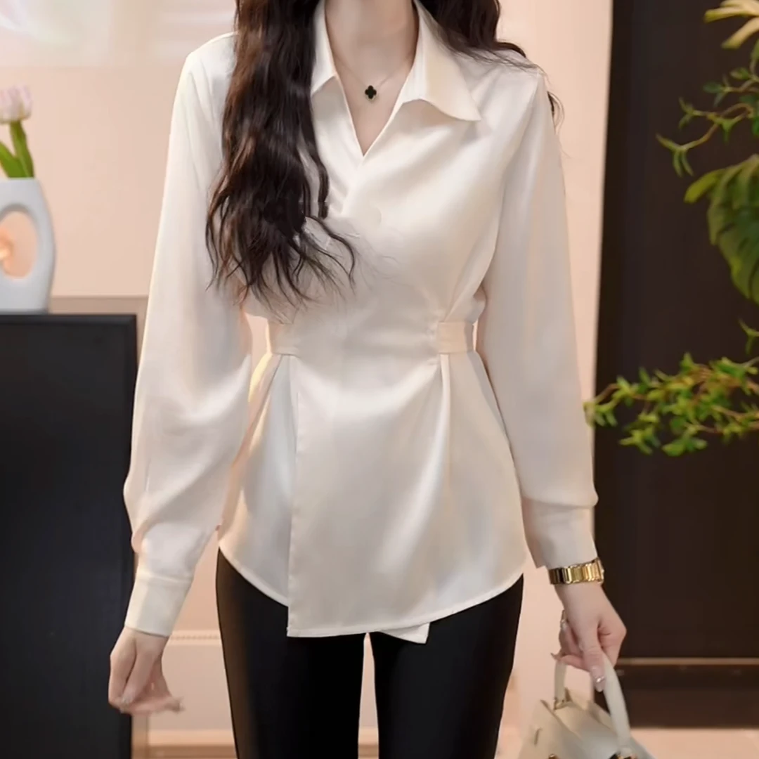 法式设计感V领交叉绑带收腰显瘦衬衫2025新款春季设计感长袖衬衣