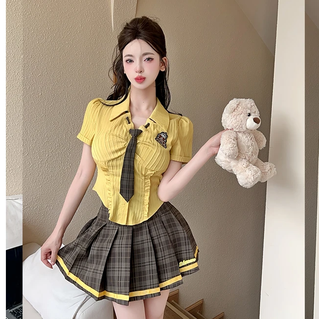 美式学院风套装jk制服夏设计感短袖衬衫甜酷辣妹格子百褶裙两件套