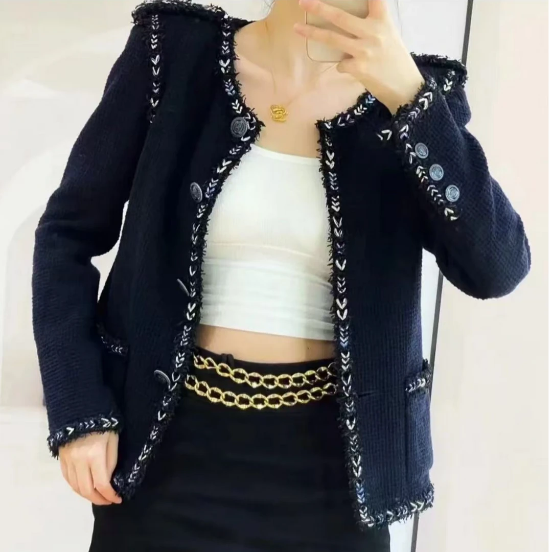 95新 Chanel/香奈儿 藏青色粗滚边外套/F38/编号5391